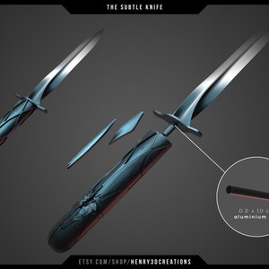 May include: A silver and black knife with a textured handle. The knife is disassembled into its component parts, including a blade, handle, and a 0.2 x 10 cm aluminum rod. The text "THE SUBTLE KNIFE" is at the top of the image. The text "ETSY.COM/SHOP/HENRY3DCREATIONS" is at the bottom of the image.