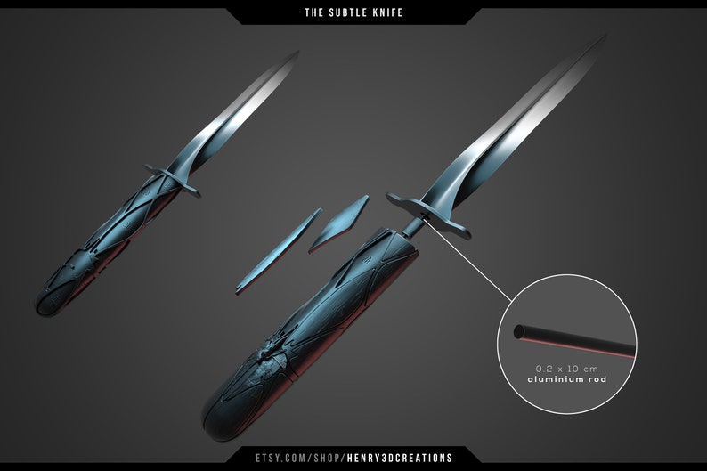 May include: A silver and black knife with a textured handle. The knife is disassembled into its component parts, including a blade, handle, and a 0.2 x 10 cm aluminum rod. The text "THE SUBTLE KNIFE" is at the top of the image. The text "ETSY.COM/SHOP/HENRY3DCREATIONS" is at the bottom of the image.