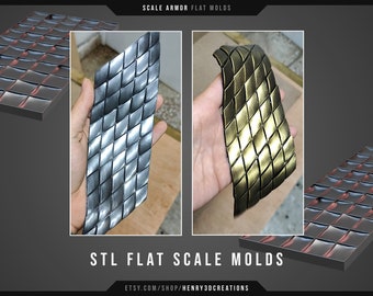 May include: Image of scale armour flat moulds. The image shows two samples of scale armour, one silver and one gold, held in a hand. The text "STL FLAT SCALE MOLDS" is displayed at the bottom of the image.
