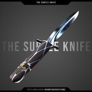 May include: A silver knife with a wooden handle featuring a decorative silver design. The handle is wrapped in a silver wire with a cross-hatch pattern. The text "THE SUBTLE KNIFE" is displayed on a gray background.