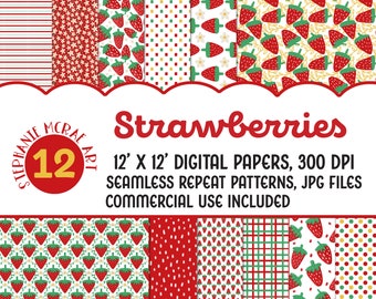 Strawberry Digital Paper Pack, Summer Seamless Patterns (Digital Download)