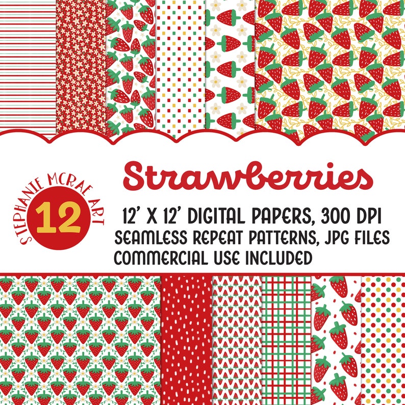 Strawberry Digital Paper Pack, Summer Background, Summer Sublimation, Summer Fruit Paper, Digital Download image 1