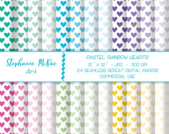 Pastel Rainbow Hearts Digital Paper, 24 Seamless Patterns (Digital Download)