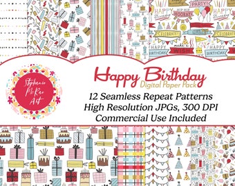 Peut inclure: Un pack de papier numérique avec 12 motifs répétitifs sans couture pour les célébrations d'anniversaire. Les motifs présentent des illustrations colorées de cadeaux, de gâteaux, de ballons et de chapeaux de fête. Le texte "Happy Birthday Digital Paper Pack" est affiché au centre de l'image.