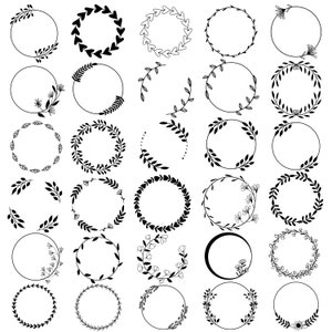 May include: A set of 36 black and white circular floral wreaths. The wreaths are made of various floral elements, including leaves, flowers, and branches. The wreaths are perfect for adding a touch of elegance to any project.
