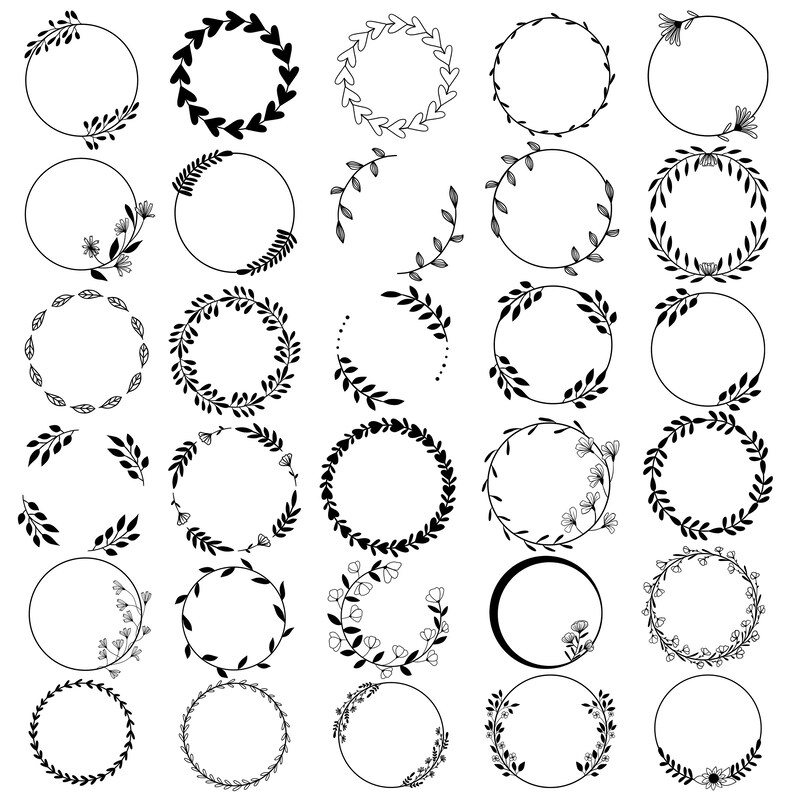 May include: A set of 36 black and white circular floral wreaths. The wreaths are made of various floral elements, including leaves, flowers, and branches. The wreaths are perfect for adding a touch of elegance to any project.