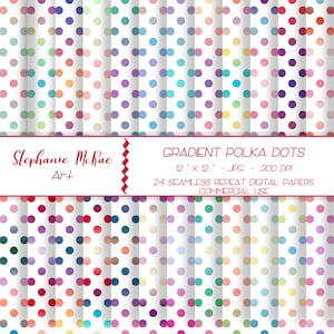 May include: A set of 24 digital papers featuring gradient polka dots in various colours. Each paper is 12 inches by 12 inches and 300 DPI. The papers are seamless and can be used for commercial purposes.