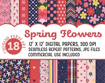 Spring Floral Digital Paper Pack, Geometric Scrapbooking (Digital Download)