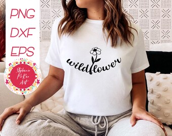 May include: A white t-shirt with a black graphic of a simple daisy and the text "wildflower".