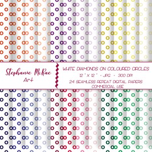 White Diamonds on Coloured Circles Digital Paper, Commercial Use, Digital Download, Rainbow Digital Paper