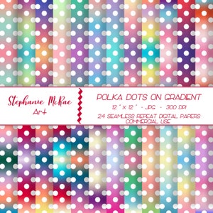 May include: A digital paper pack with 24 seamless patterns featuring white polka dots on a gradient background. The patterns are 12 inches by 12 inches and 300 DPI. The text "POLKA DOTS ON GRADIENT" is displayed on the image.