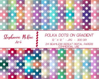 White Polka Dots on Gradient Background Digital Paper, Commercial Use, Digital Download, Rainbow Digital Paper