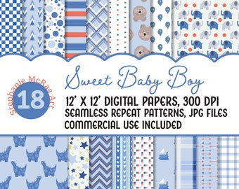 Baby Boy Digital Paper Pack, Baby Shower Papers, Boy Patterns, Digital Download, Baby Digital Papers