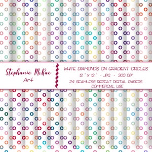 White Diamonds Commercial Use Rainbow Digital Paper, Diamonds and Circles Patterns, Geometric Digital Paper
