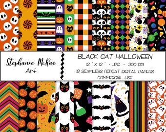 Black Cat Halloween Digital Paper Pack, Seamless Patterns (Digital Download)