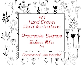 60 Hand-Drawn Flower Procreate Stamps, Floral Brush Set