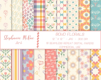 Boho Floral Digital Paper Pack, Seamless Patterns (Digital Download)