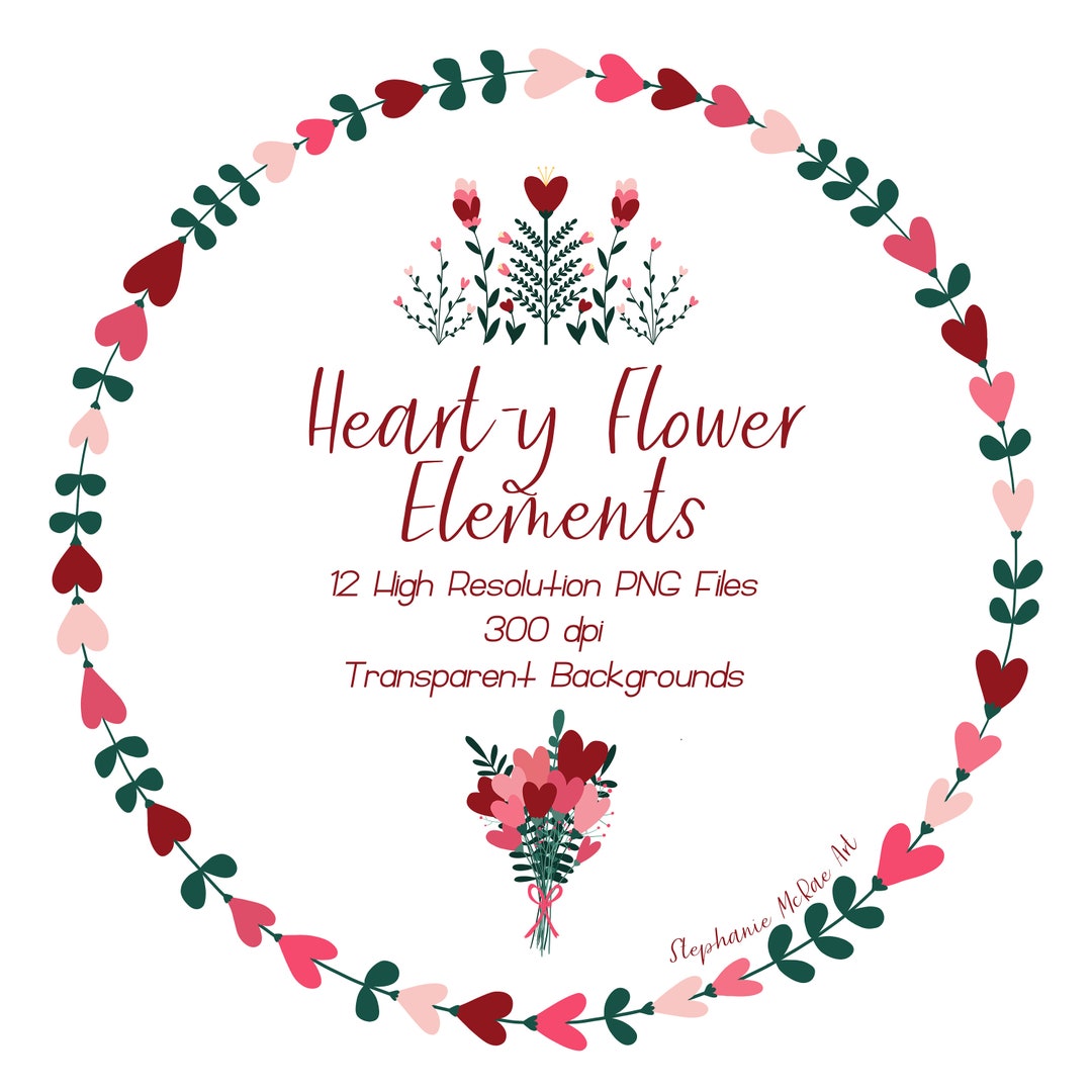 Heart Flowers Clip Art, Flower PNG, Commercial Use, Hand Drawn Clip Art ...