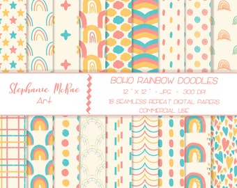 Boho Rainbow Doodles Digital Paper Pack, Commercial Use (Digital Download)