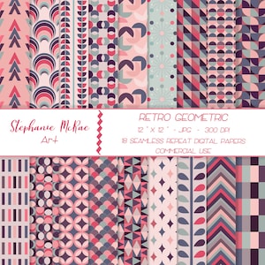 May include: A set of 18 digital papers featuring geometric patterns in shades of pink, blue, and grey. The papers are 12 inches by 12 inches and 300 DPI. The text "RETRO GEOMETRIC" is displayed at the top of the image.