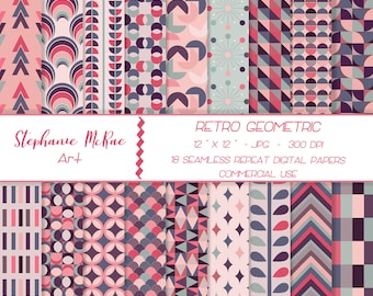 Retro Geometric Digital Paper Pack, Seamless Patterns (Digital Download)