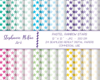 Pastel Rainbow Stars Digital Papers, Seamless (Digital Download)
