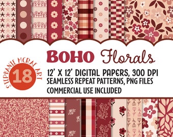 Boho Floral Digital Paper Pack, nahtlose Muster (digitaler Download)