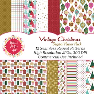 Vintage Christmas Digital Paper Pack, Digital Download, Retro Christmas Papers, Digital Scrapbooking