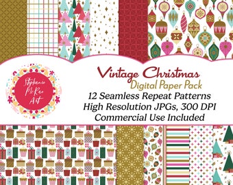 Vintage kerst digitaal papierpakket, retro vakantie-scrapbooking (digitale download)