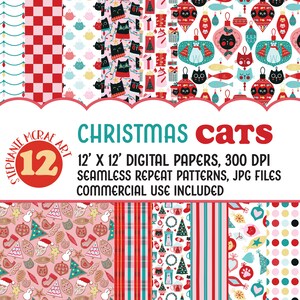 May include: Twelve 12x12 inch digital papers featuring Christmas cat themed patterns. The patterns include cats wearing Santa hats, cats with ornaments, cats with fish, and cats with presents. The patterns are in red, green, blue, white, and pink.
