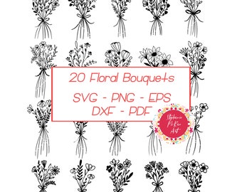 May include: Twenty black and white line drawings of floral bouquets. The text "20 Floral Bouquets" is in the center of the image. The text "SVG - PNG - EPS DXF - PDF" is below the text "20 Floral Bouquets". The text "Stephanie Mekas Art" is in a circle below the text "SVG - PNG - EPS DXF - PDF". The text "Commercial Use Included" is at the bottom of the image.