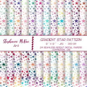 May include: A set of 24 digital paper patterns featuring a gradient star design. Each pattern is 12 inches by 12 inches and 300 DPI. The patterns are seamless and can be used for commercial purposes.