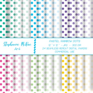 May include: 24 digital papers with pastel rainbow polka dot patterns. Each paper is 12 inches by 12 inches and 300 DPI.  The papers are seamless and can be used for commercial purposes.