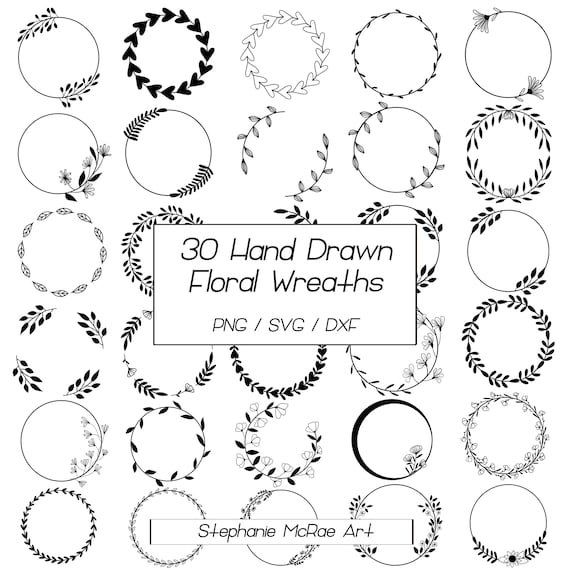 Floral Wreath SVG Bundle, 30 Hand Drawn Circle Frames (Digital Download)