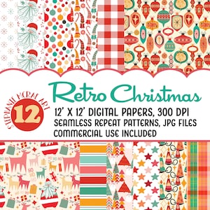 Retro Christmas Digital Papers, Christmas Seamless Pattern, Digital Download, Mid Century Modern Christmas, Digital Scrapbook Papers