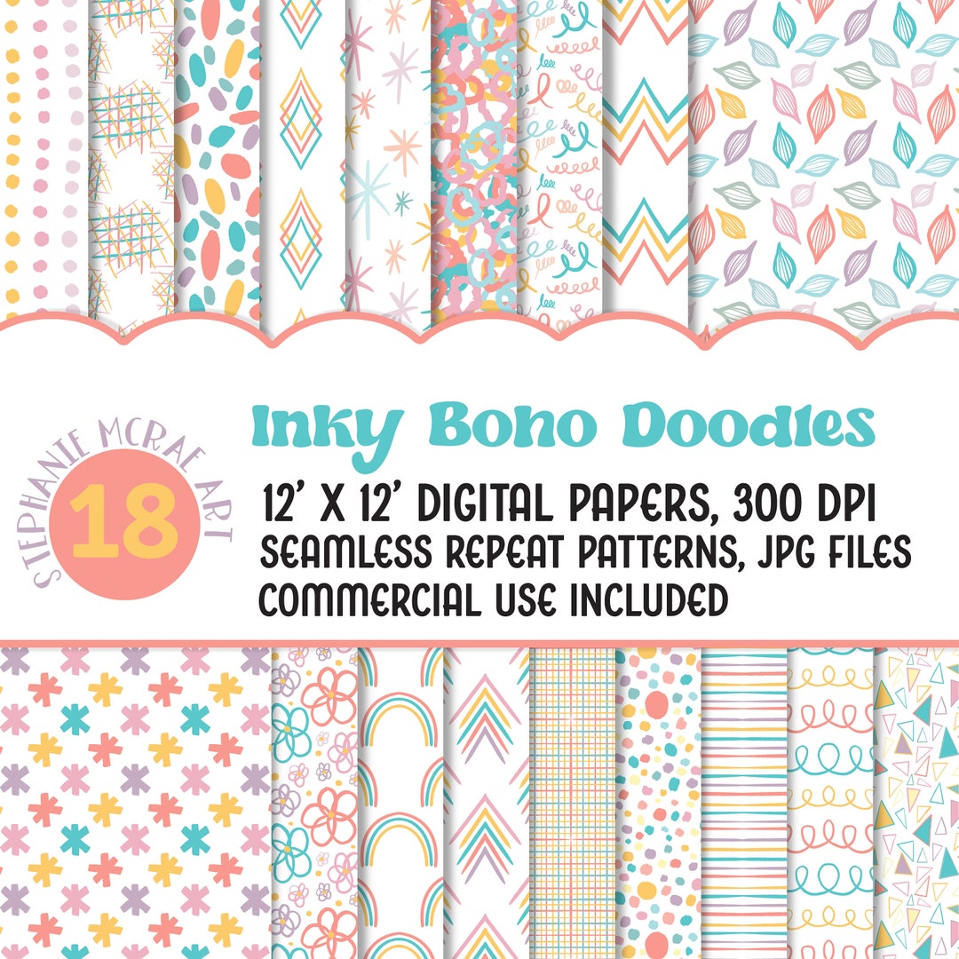 Inky Boho Doodles Digital Paper, Seamless Patterns (digital Download ...