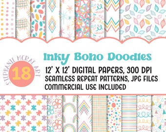 Inky Boho Doodles Digital Paper, Seamless Patterns (Digital Download)