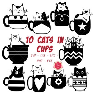 Kat SVG bundel - katten in kopjes SVG bundel - schattige zwarte kat SVG - digitale download - kat clipart - kat SVG