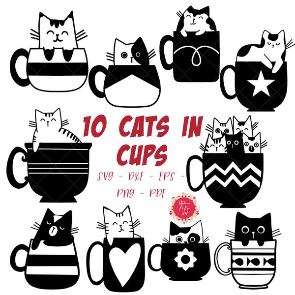 Cat SVG Bundle - Cats in Cups  SVG Bundle - Cute Black Cat SVG - Digital Download - Cat Clipart - Cat svg