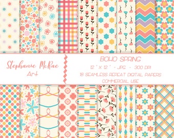 Boho Floral Digital Paper Pack, Spring Patterns (Digital Download)