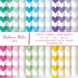 May include: 24 digital papers featuring a seamless pattern of large pastel rainbow hearts. Each paper is 12 inches by 12 inches and 300 DPI.  The text "PASTEL RAINBOW LARGE HEARTS" is at the top of the image. The text "12 x 12 - JPG - 300 DPI" is below the first line of text. The text "24 SEAMLESS REPEAT DIGITAL PAPERS" is below the second line of text. The text "COMMERCIAL USE" is below the third line of text.