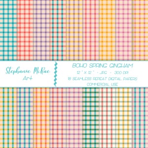 May include: 18 digital papers featuring seamless patterns of colourful gingham checks. Each pattern is 12 inches by 12 inches and 300 DPI. The text "BOHO SPRING GINGHAM" is displayed on the image.