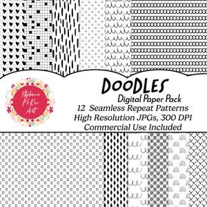 Doodle Digital Paper Pack, Digital Download, Digital Background, Doodle Design, Seamless Repeat Pattern, Black and White Design