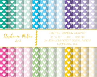 Pastel Hearts Digital Paper, Seamless Rainbow Patterns (Digital Download)