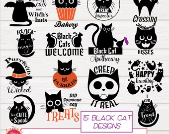 Pode incluir: Um conjunto de 15 arquivos de corte SVG com tema de gato preto para artesanato e design. Os designs incluem frases como "Black Cat Bakery", "Purrfectly Wicked", "Creep It Real" e "Happy Haunting".
