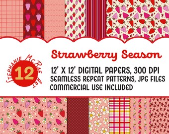 Strawberry Digital Paper Pack, Seamless Repeat Patterns (Digital Download)