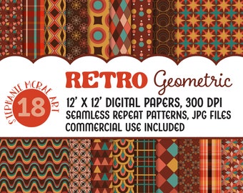 Retro geometrisch digitaal papierpakket, naadloze patronen jaren 70 (digitale download)