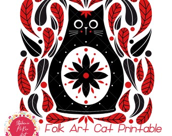 Folk Art Cat Printable, Cat Wall Art, Russian Doll Cat Print, Cat png, Téléchargement numérique