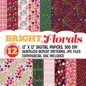 Bright Floral Digital Paper Pack, Floral Digital Paper, Scrapbooking Paper, Junk Journal Digital Paper,  Digital Download