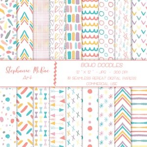 Boho Doodles Digital Paper Pack, Commercial Use, Digital Download, Boho Digital Paper